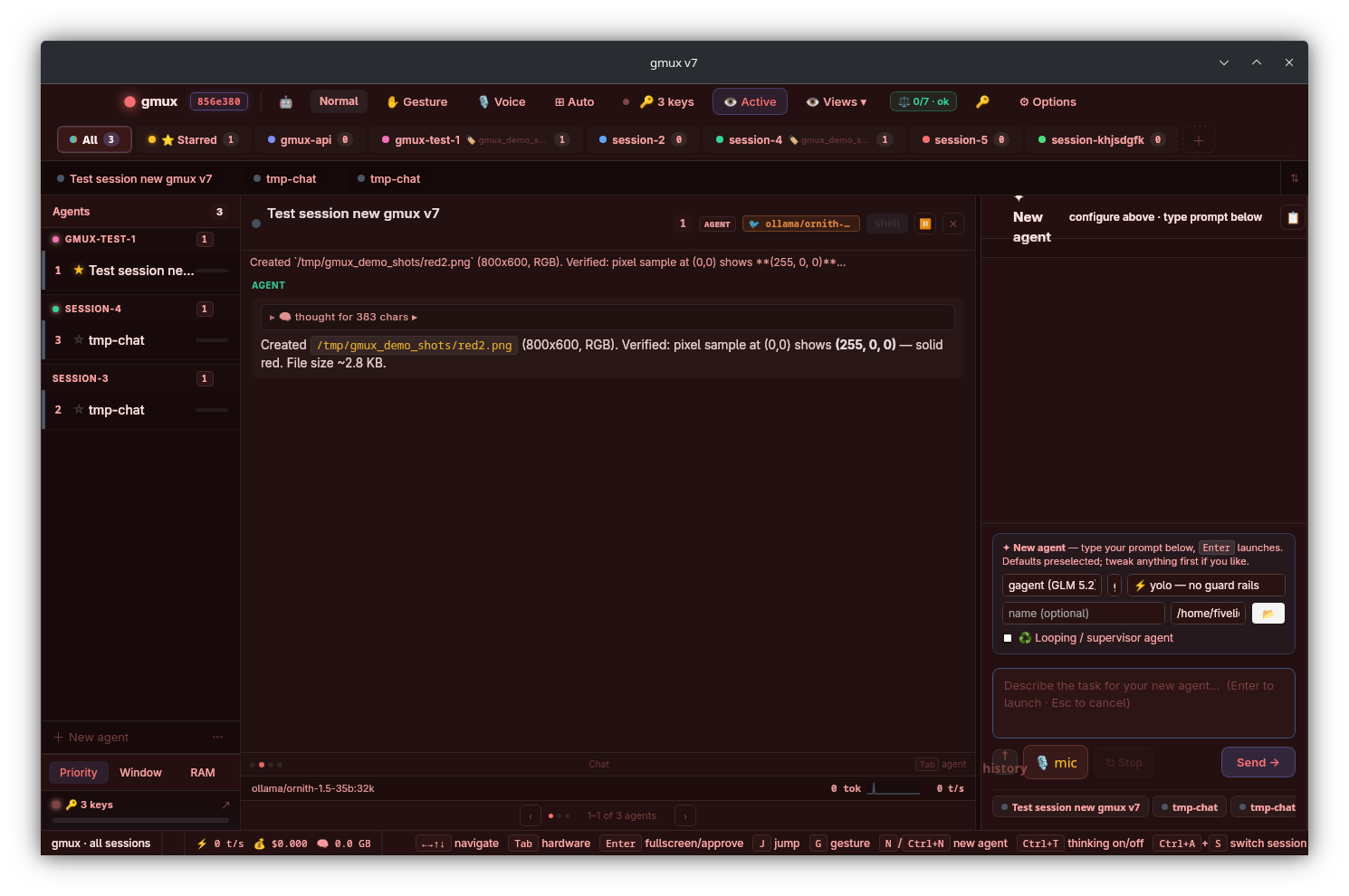 gmux v7 mission control: a grid of agent panels (red generator, blue generator, yellow generator running local Ornith models) with live chat, todos and state