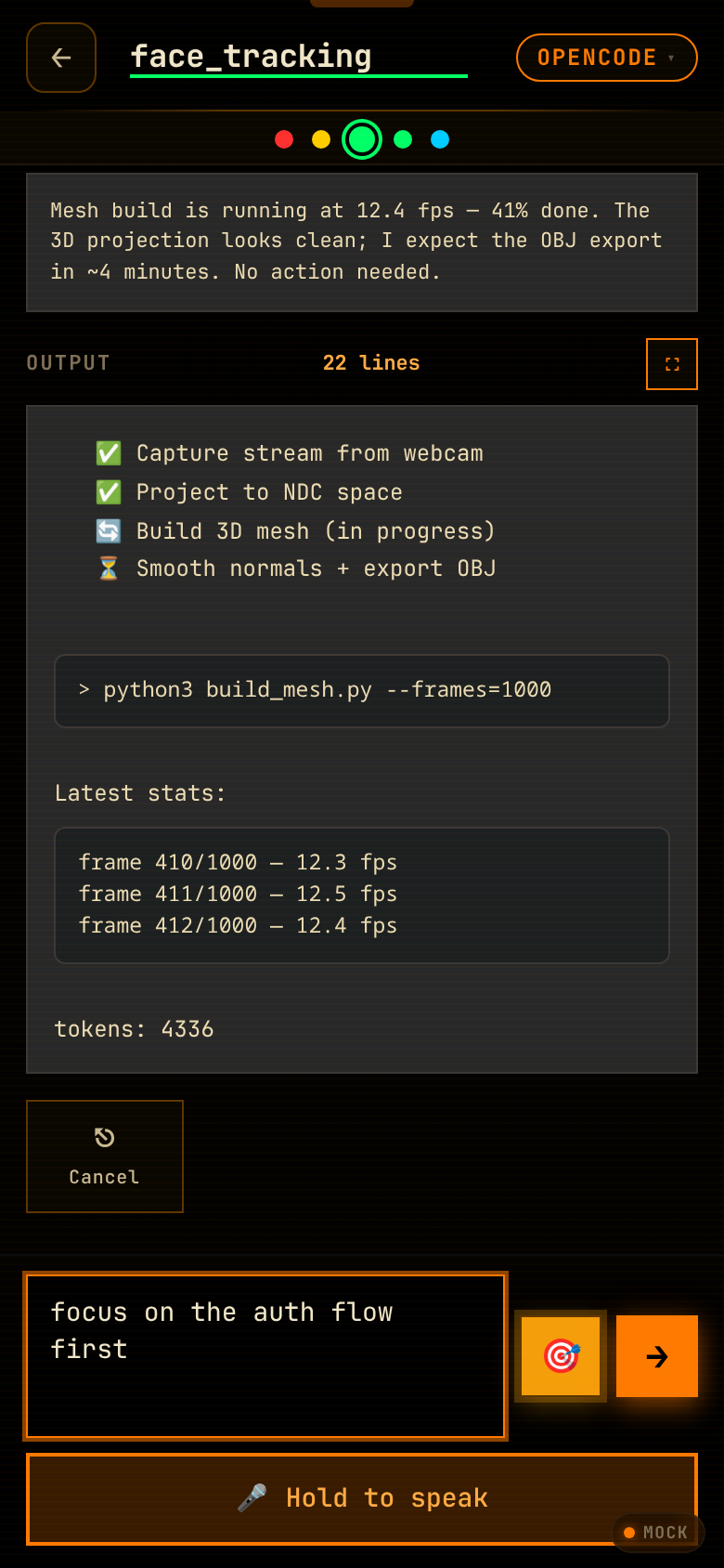 Steer mode armed: amber target button glowing with a typed steering message